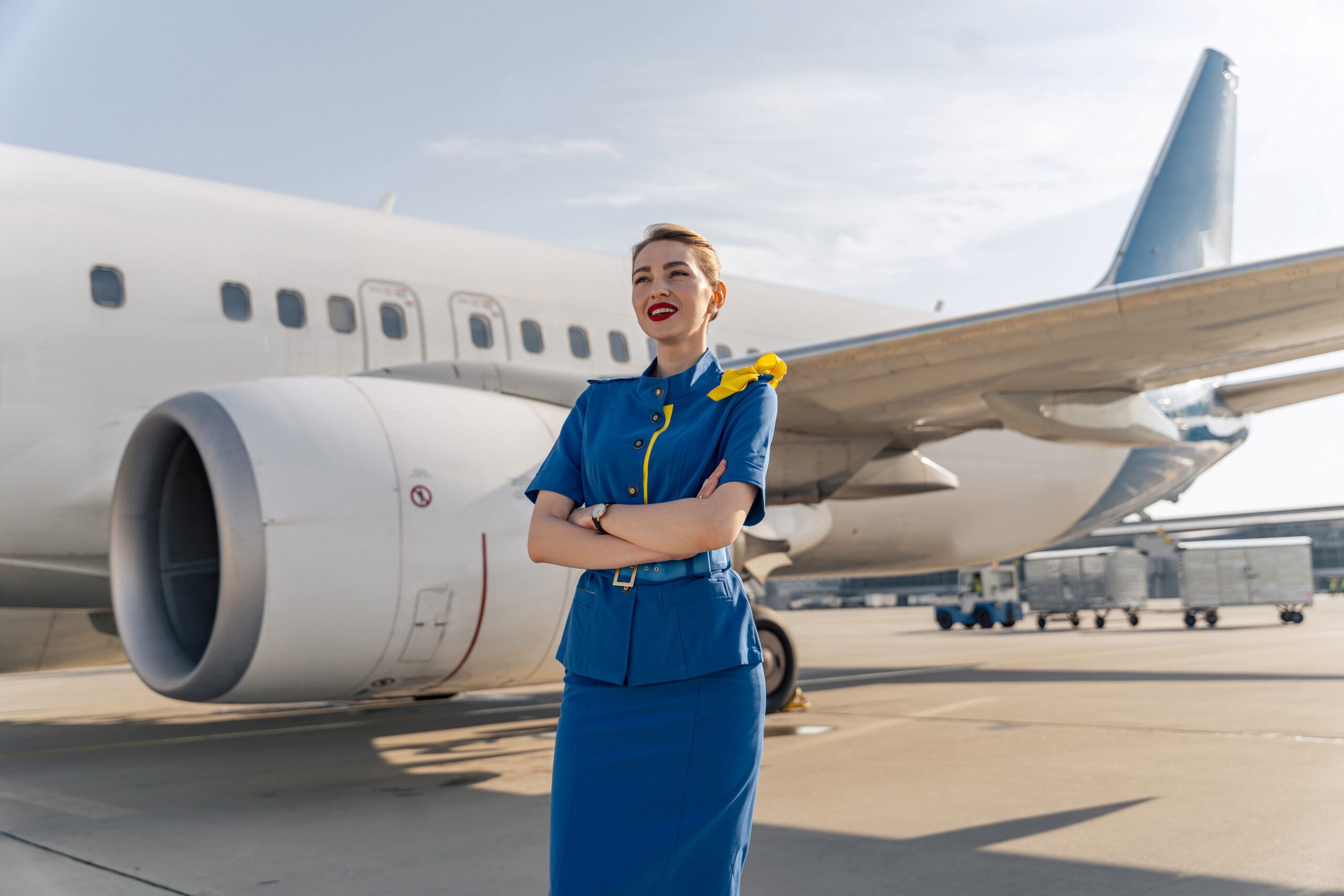 Die schöne Stewardess verschränkte ihre Arme mit weißem Flugzeug auf dem Hintergrund