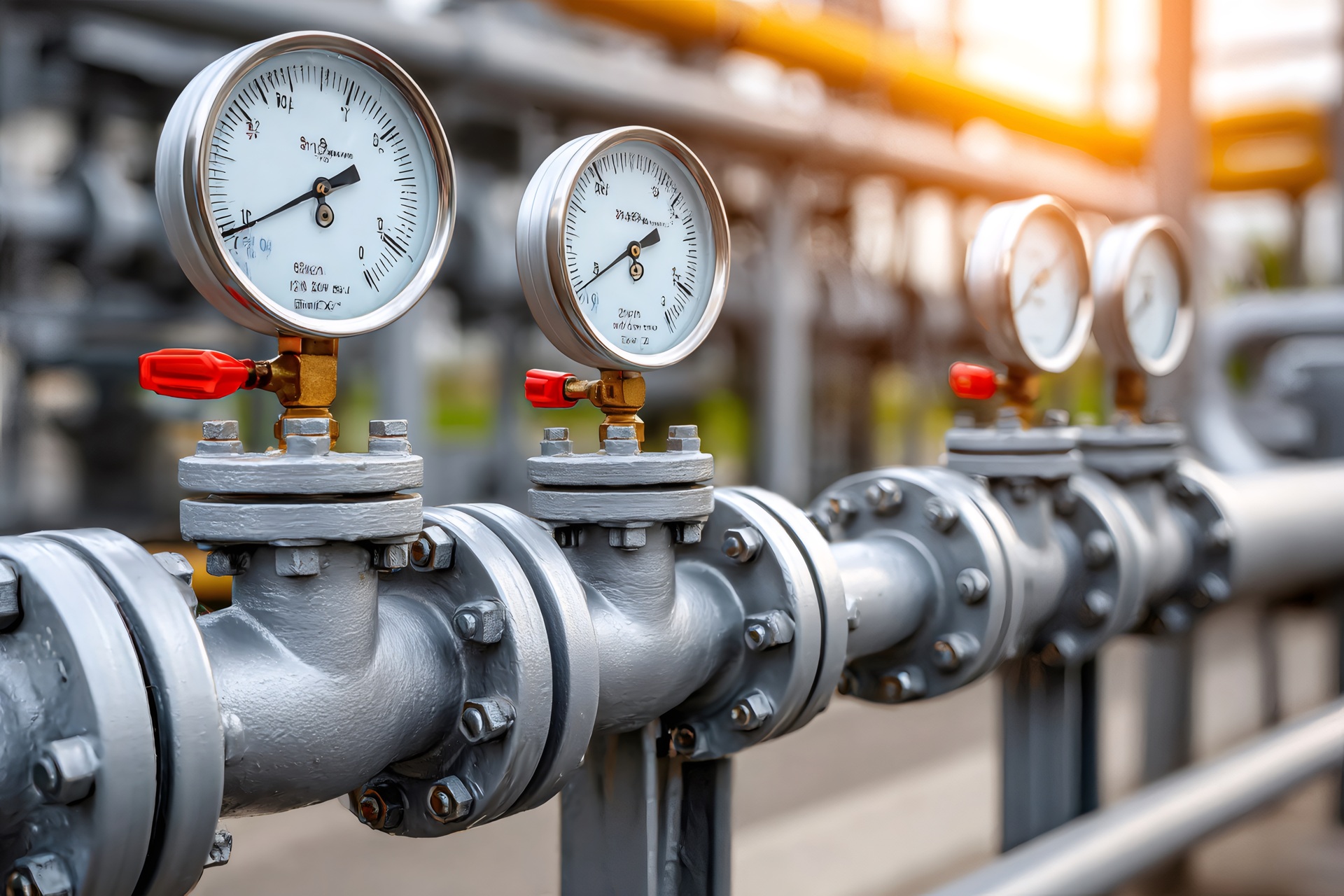 Mehrere Druckmessuhren an Industrie-Rohrleitung | Druckaufnehmer
