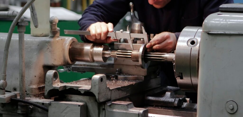 Hand misst Bauteil an Drehmaschine | Druckaufnehmer